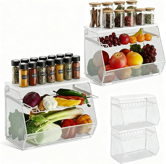 2 Pcs Stackable Fruit Basket with Lid for Kitchen Counter Storage Basket with Drawer Mesh Wall Hanging Wire Baskets with Lid Metal Vegetable Container for Kitchen 13.8 x 8.3 x 9.8''(White)