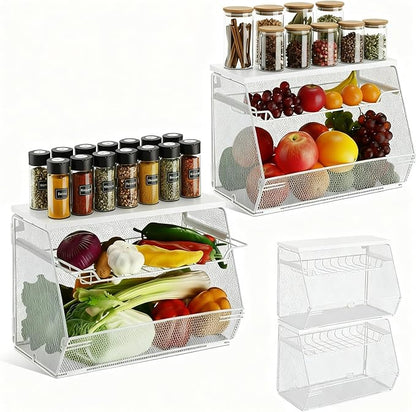 2 Pcs Stackable Fruit Basket with Lid for Kitchen Counter Storage Basket with Drawer Mesh Wall Hanging Wire Baskets with Lid Metal Vegetable Container for Kitchen 13.8 x 8.3 x 9.8''(White)