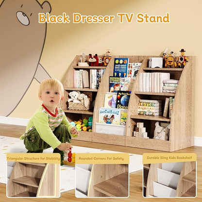 4 Tier Kids Bookshelf, 4 Layer Sling Kid Book Shelf for Kids Rooms, XXL Wood Children Bookcase,Baby Storage Book Rack,Toddler Bookshelfs, Book and Toy Organizer,Books Display Shelf Burlywood