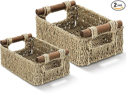 2 Pack Wicker Basket with Wooden Handles for Shelves, Handmade Storage Baskets for Home Organizing, Decorative Organizer Bins for Living Room Bathroom, Bedroom, Kitchen