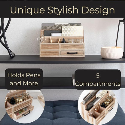 BLU MONACO | Natural Wood Mail Organizer with Drawer & Pen Holder | Rustic Desk Organizer for Bills, Letters & Countertop Storage | Wooden Desktop Mail Sorter for Home & Kitchen