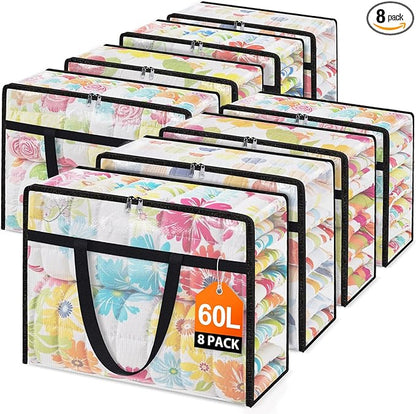 EdenDwell Clear Under Bed Storage Containers - 8 Pack Large Capacity Clothes Storage Bags with Lid & Sturdy Handles, Foldable Moving Bags, Clothing Organizer Totes for Bedding, Comforter, Sheet（60 L）