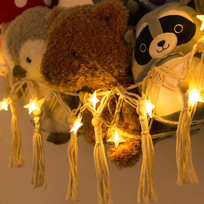 Stuffed Animal Toy Storage Hammock with LED Light-Macrame Jumbo Doll Room Corner Organizer Mesh Decoration-Hanging Storage Nets Kids Bedroom, (X-Large Size)