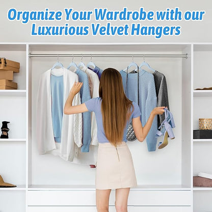 Sishynio 30 Pack Velvet Hangers – Premium Non-Slip Slim Clothes Hangers with 360° Swivel Hook, Space-Saving Flocked Shirt Hangers for Coats, Dresses, Blouses, Suits(Blue)
