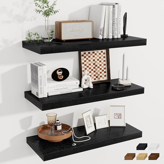 Fun Memories 12 Deep Floating Shelves for Wall | 30W x 12D Large Floating Shelves | 3 Pack Storage Space Wall Mount Shelf for Living Room Bathroom Toilet Laundry Room Kitchen Home Office - Black