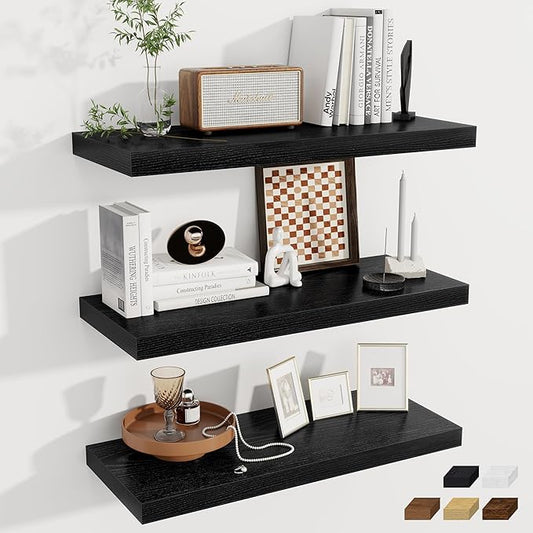 Fun Memories 12 Deep Floating Shelves for Wall | 30W x 12D Large Floating Shelves | 3 Pack Storage Space Wall Mount Shelf for Living Room Bathroom Toilet Laundry Room Kitchen Home Office - Black