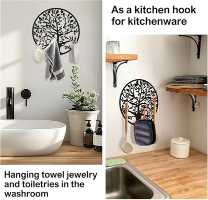 Round Decorative Home Key Holder Wall Mount, 2 Pack Metal Tree Car Key Rack for Wall Organizer for Keys, Wallets, Hats, Used for Decor for House Entryway, Kitchen, Garage, Office (12" Black)