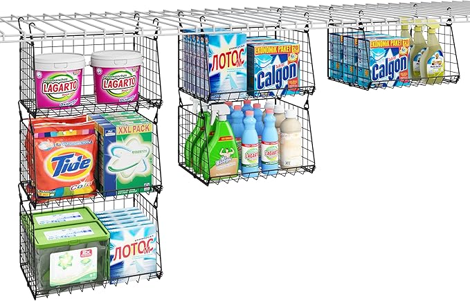 3-Pack Hanging Laundry Room Organizaton：Foldable Laundry Basket Wire Basket with 360°Rotating Hooks Small Space Organization Over Washer and Dryer Shelves - Hanging Closet Organizer, Black Patent