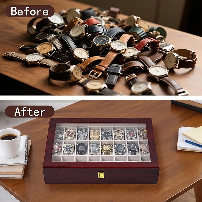 Baojulong 24-Slot Red Wooden Watch Box, Watch Organizer with Clear Lid, Suitable for Various Watches
