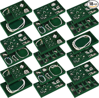 Junkin 18 Pcs Velvet Jewelry Tray Stackable Jewelry Drawer Organizer Jewellery Box Divided Display Tray for Earring Bangle(Dark Green)