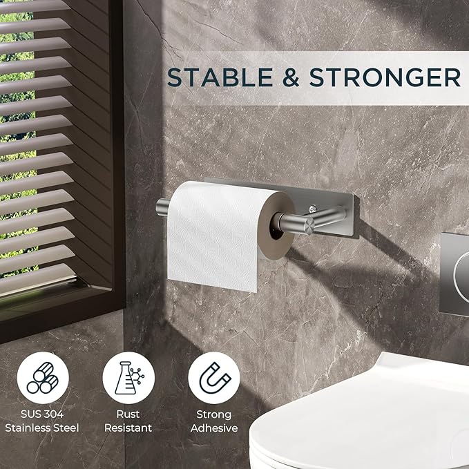 FORIOUS Adhesive Toilet Paper Holder Brushed Nickel, Self Adhesive or Wall Mounted Options, Stainless Steel Rustproof Stick on no Drilling Pivoting Toilet Tissue Roll Holder,2 Pack Stainless Steel