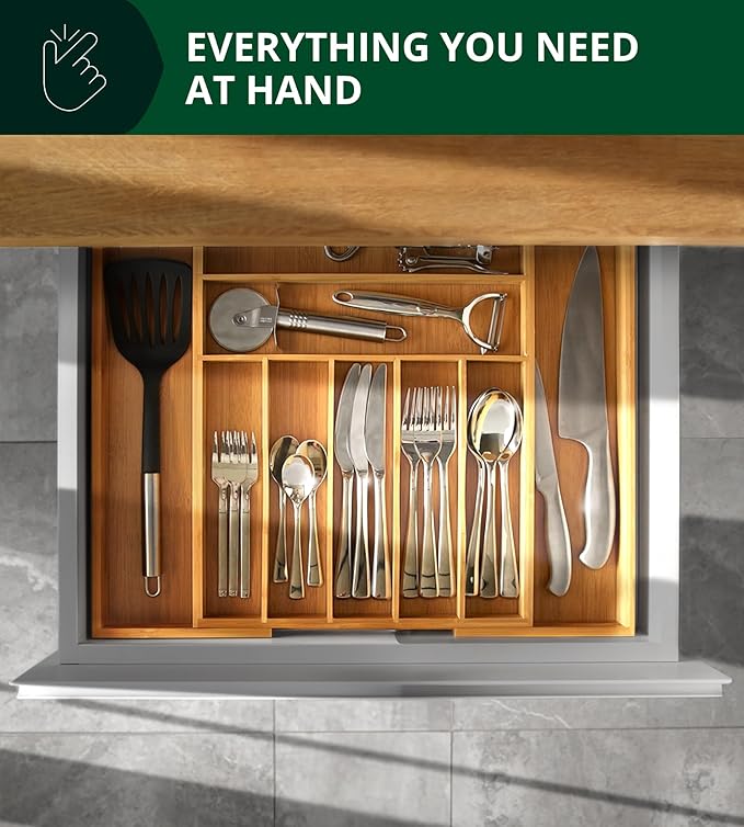 ROYAL CRAFT WOOD Luxury Bamboo Kitchen Drawer Organizer - Silverware Organizer, Utensil Holder & Cutlery Tray Drawer Dividers for Flatware (9 Slot, Natural)
