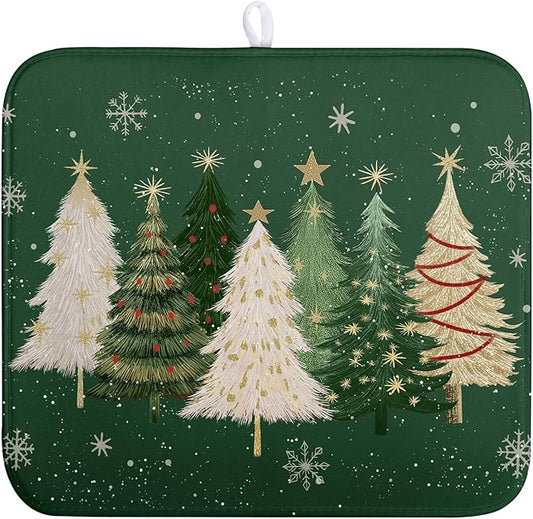 Wnoesat Green Christmas Tree Snowflakes Dish Drying Mat for Kitchen Counter 16x18 Inch Winter Xmas Holiday Dish Rack Mat Absorbent Microfiber Dish Draining Mat Reversible Drainer Pad