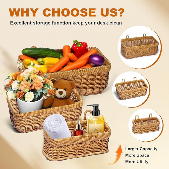 3 Pack Woven Storage Basket, Organizer Trays, Paper Box, Vintage Bin for Bathroom, Kitchen, Vanity Countertop Table Shelf, Vegetable & Fruit Storage Boxes, Potato Onion Basket (Yellow, 3 pc (set))