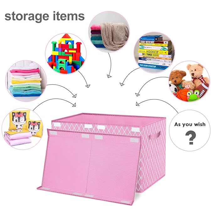 VERONLY Toy Box Chest Organizer Bins for Girls Boys, Kids Large Fabric Collapsible Storage Basket Container with Flip-Top Lid & Handles for Clothes,Blanket,Nursery,Playroom,Bedroom (Pink)