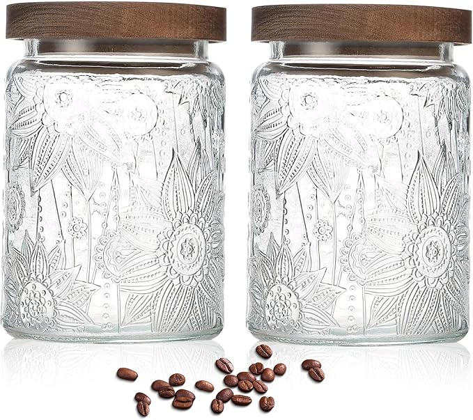 24 OZ Airtight Glass Storage Jar with Bamboo Lid - Vintage Glass Jar Vintage Food Containers Canisters Set for Kitchen Counter & Pantry - Ideal for Sugar, Flour, Coffee, Tea, Candy, Oats, Cereal
