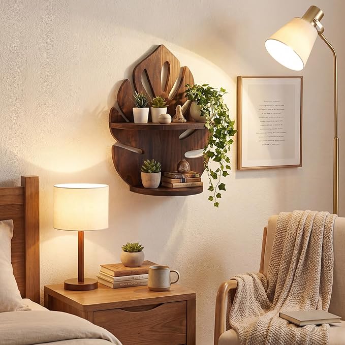 2 Pack Double Layer Palm Leaf Wall Shelves 15.8 x 12.4 Inch Wooden Hanging Shelves with Vintage Hollow Design, Tropical Wall Art for Living Room, Kitchen, Bedroom, Office Decor