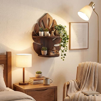 2 Pack Double Layer Palm Leaf Wall Shelves 15.8 x 12.4 Inch Wooden Hanging Shelves with Vintage Hollow Design, Tropical Wall Art for Living Room, Kitchen, Bedroom, Office Decor