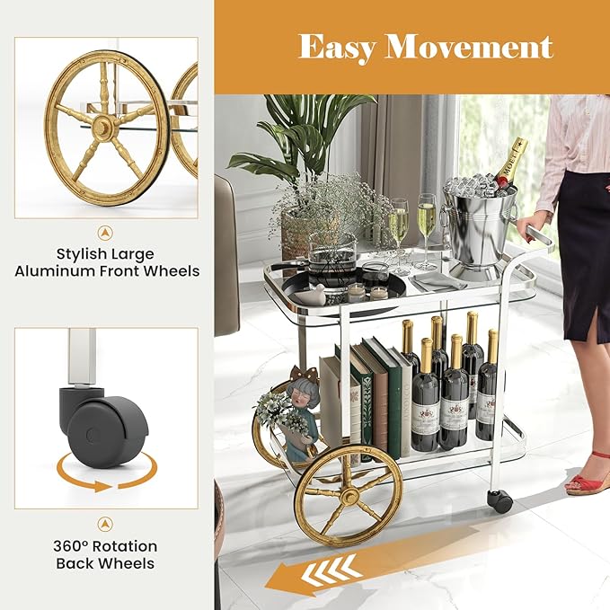 Giantex 2-Tier Bar Cart, Stylish Rolling Serving Cart w/Tempered Glass Shelves, 2 Large Aluminum Front Wheels, Stainless Steel Frame, Mobile Storage Shelf, Home Trolley Cart for Kitchen, Dining Room