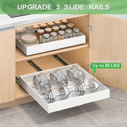 Expandable Pull-Out Cabinet Organizer - White, 21" D x Adjustable Width 12.6-20.47", No Drill Adhesive Installation with 3-Slide Rails for Kitchen Storage (2 Pack)