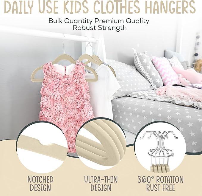 TechZoo 50 Premium Kids Velvet Hangers - 14" Non-Slip Clothes Hangers for Kids & Preteens - Ultra Slim, Space-Saving, Strong & Durable Hangers with 360° Swivel Hook - Ivory