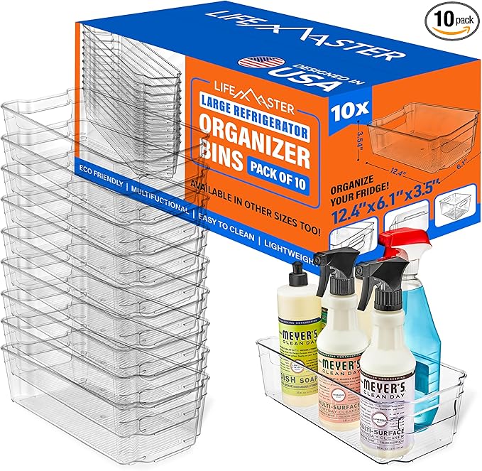 10-Piece Stackable Refrigerator Bin Organizer Set with Easy Grip Handles - Clear Multi-Purpose Storage Bins for Fridge and Pantry Use