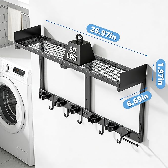 Heavy Duty Broom Holder Wall Mount with Grid Shelf, 5 Adjustable Hooks & Vacuum Hanger | All-in-One Cleaning Supplies Organizer for Laundry Room, Garage, Kitchen Storage