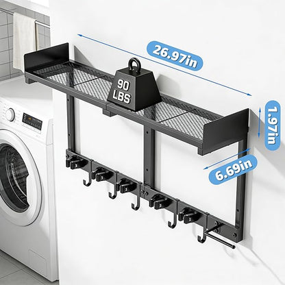 Heavy Duty Broom Holder Wall Mount with Grid Shelf, 5 Adjustable Hooks & Vacuum Hanger | All-in-One Cleaning Supplies Organizer for Laundry Room, Garage, Kitchen Storage