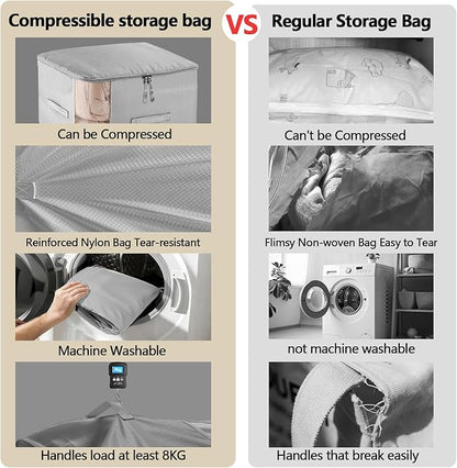 6 Pack Space Saving Comforter Storage Bag with Handle, 3-Layer Compression Blanket Storage Bags Adjustable In 3 Sizes (142L, 107L, 71L), Washable Bedding Organizer For Pillow Duvet Clothing Plush Toy