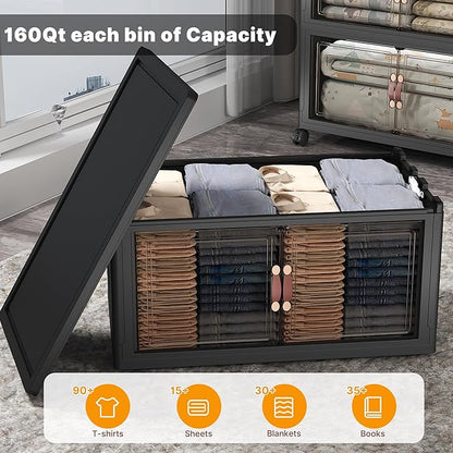 Extra Large Stackable Storage Bins with Lids & Wheels & Door,Foldable Collapsible Closet Organizers, Plastic containers drawers for bedroom Dorm (Dark-160qt, 4Pack with 1 top lid)