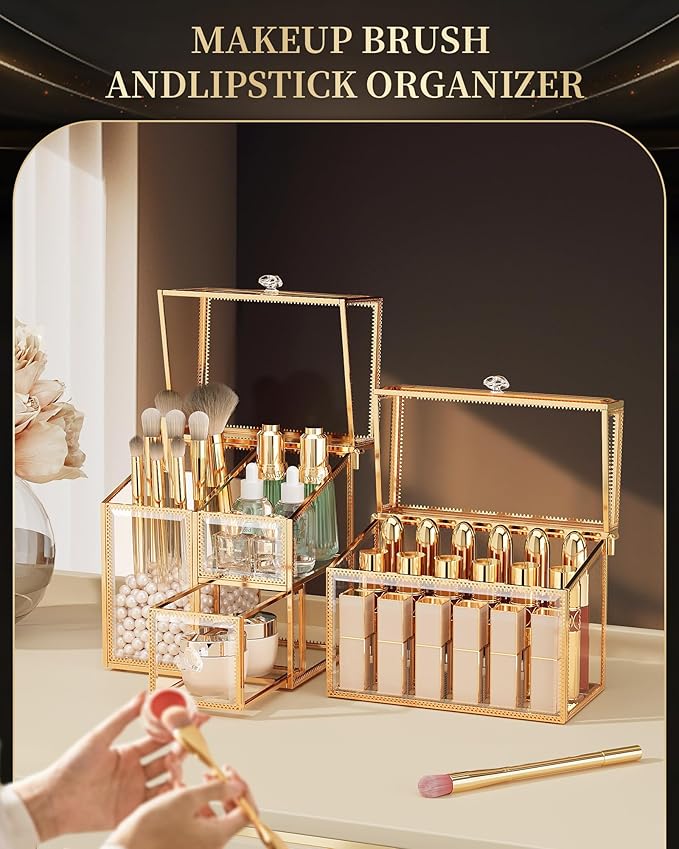 CoralHouse Glass Makeup Organizer Set – Vanity Organizer with 18-Slot Lipstick Organizer & Makeup Brush Holder with Lid – Skincare, Perfume & Cosmetic Storage for Bathroom or Dresser