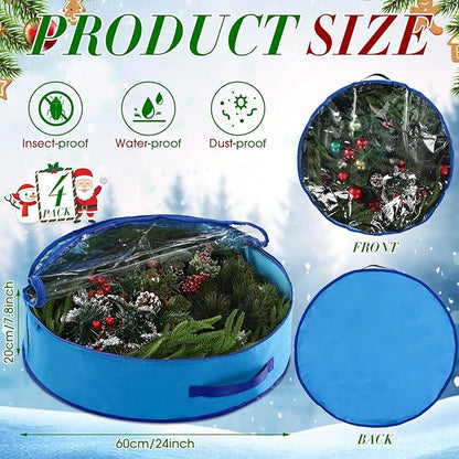 4 Pack Wreath Storage Container, 24 Inch Christmas Wreath Storage Box with Clear Window and Handles Upgrade Oxford Cloth Garland Bags with Dual Zipper for Xmas Wrapping, Blue