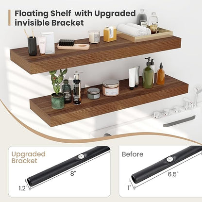 Heimlove 12 Inch Deep Floating Shelves, 16 x 12 inches Long Wall Shelf, Large Extra Display Shelf & Storage Shelf, Rustic Wood Wall Shelves for Fireplace Mantel, Walnut - 2Pack