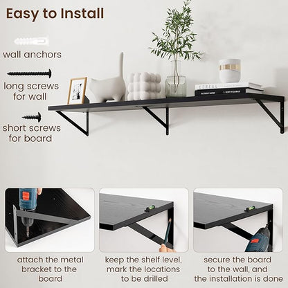 Axeman Floating Shelves for Wall Black- 55 Inch Wide x 12 Inch Deep Wall Shelves Set of 2 - Black Deep Wood Floating Shelves for Living Room Bedroom Laundry Room