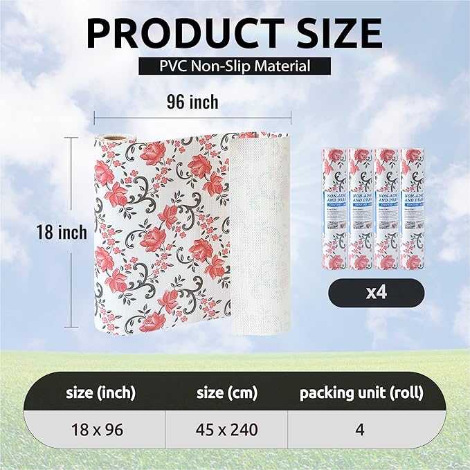 FIFTY FEET 18X96 Inch Shelf Liner for Kitchen Cabinets, PVC Drawer Liner for Dresser Non-Slip Bathroom, Non-Adhesive Cabinet Liner Washable (Red Floral)(4 Roll)