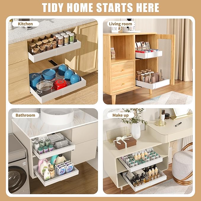 KLKE Pull Out Cabinet Organizer, Width Expandable (11.7"-19.7") Heavy Duty Slide Out Drawers Fixed with Adhesive Nano Film for Pots, Roll Out Shelf Storage For Kitchen,Pantry,Garage,Bathroom Storage