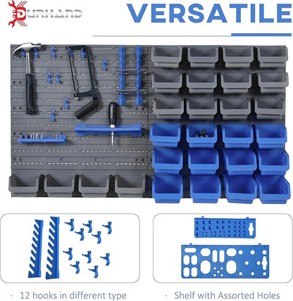 DURHAND Wall Mounted Storage Bins, 44PC Pegboard Tool Organizer Rack Kit Garage Plastic Shop Tool, Blue