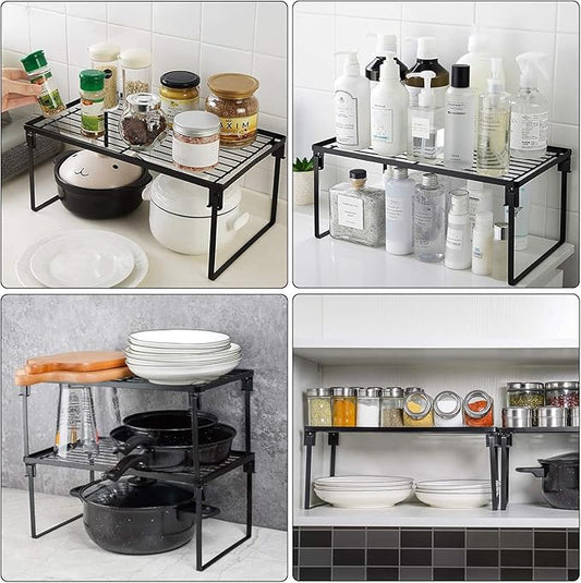 Tomorotec [2 Pack] Stackable Kitchen Storage Shelf Rack, Foldable Spice Rack Cabinet Organization Storage Shelves, Kitchen Shelves, Kitchen Counter & Cabinet Shelf Organizer,