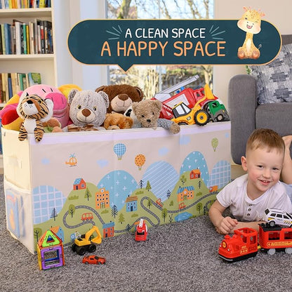 Extra Large Toy Storage Organizer with Lid - Sturdy, Collapsible Toy Chest Storage Box with Cute Design - Toys Bin with Dividers for Kids, Boys, Girls, Nursery, Bedroom, Play room 37"x16"x14"