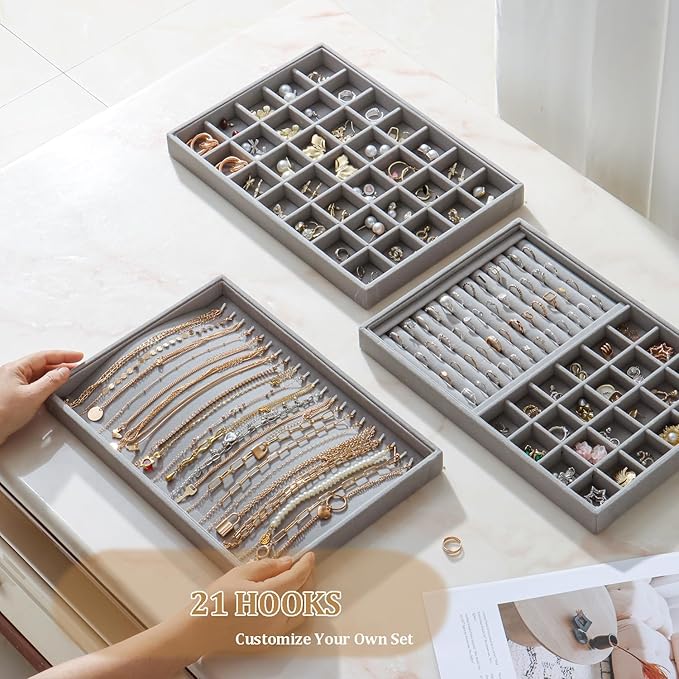KATISYIO Large Velvet Jewelry Tray 2 Pack Stackable Jewelry Display Drawer Inserts Trays Organizer for Earring Bracelet Necklace Ring (Gray, 20 Hooks)