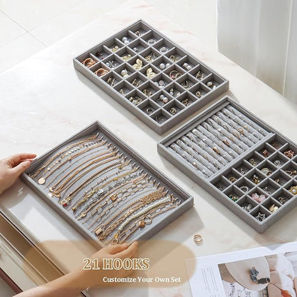 KATISYIO Large Velvet Jewelry Tray 2 Pack Stackable Jewelry Display Drawer Inserts Trays Organizer for Earring Bracelet Necklace Ring (Gray, 20 Hooks)