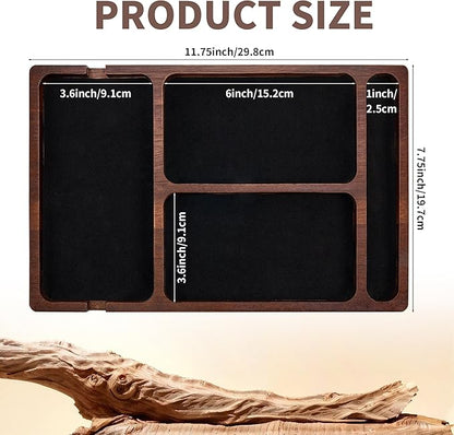 Valet Tray, Multi-Space Acacia Wood Leather Surface Desk Organizer Tray with Charging Assistance Port for Office or Study Room, Nightstand Organizer for EDC, Store Phone, Watch, Wallet, Keys, Jewelry