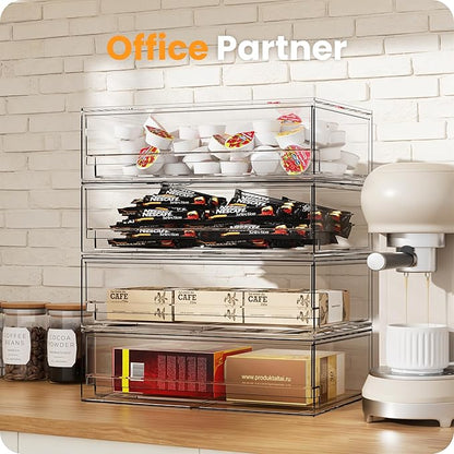 A-LuGei 【𝟰𝗣𝗖𝗦】 Acrylic Stackable Storage Drawers, 11.8" W Makeup Organizer, Bathroom Organizer and Storage, Plastic Storage Bins for Kitchen Cabinet Pantry Medicine Fridge