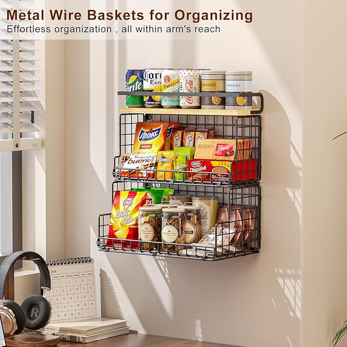 X-cosrack 3-Tier Stackable Snack Organizer with Pine Wood Top-Trapezoid Metal Wire Basket, Countertop & Wall Mounted Snack Holder for Kitchen Pantry Cabinet, Muti-functional Food Fruit Stoarge, Black