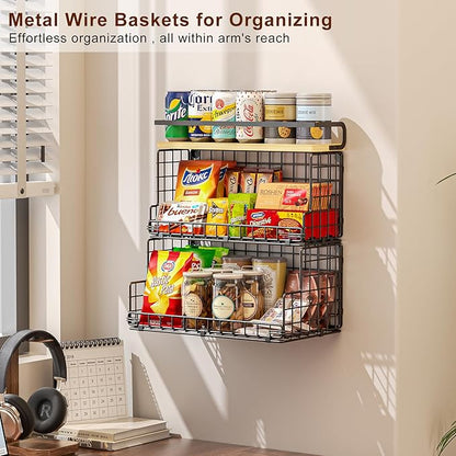 X-cosrack 3-Tier Stackable Snack Organizer with Pine Wood Top-Trapezoid Metal Wire Basket, Countertop & Wall Mounted Snack Holder for Kitchen Pantry Cabinet, Muti-functional Food Fruit Stoarge, Black