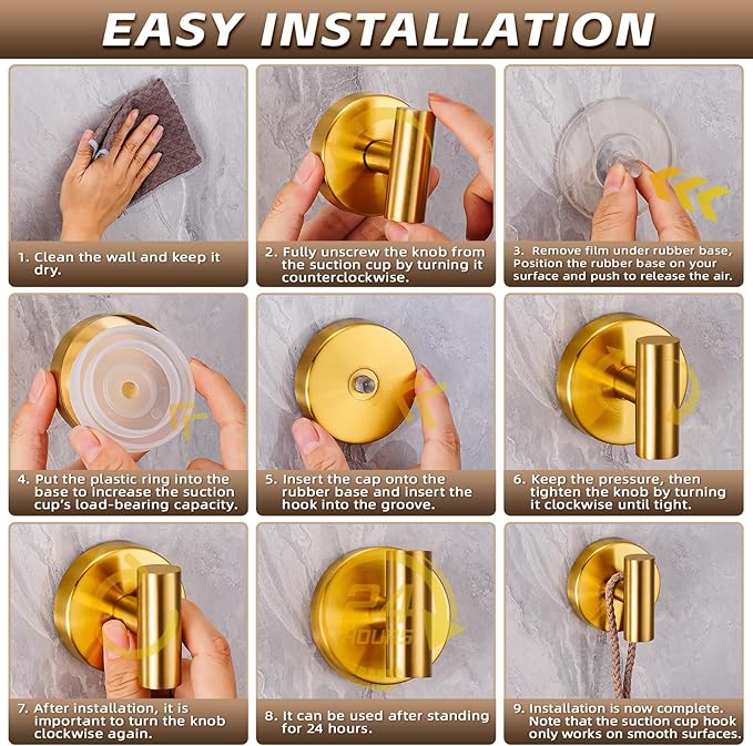 Supopular Reusable Heavy Duty Suction Cup Hooks for Kitchen/Bathroom/Shower - Wet-Proof Hooks for Towels, Robes, Loofah&Wreaths/No Drill Mounting on Glass, Tile, (2, Brushed Gold)