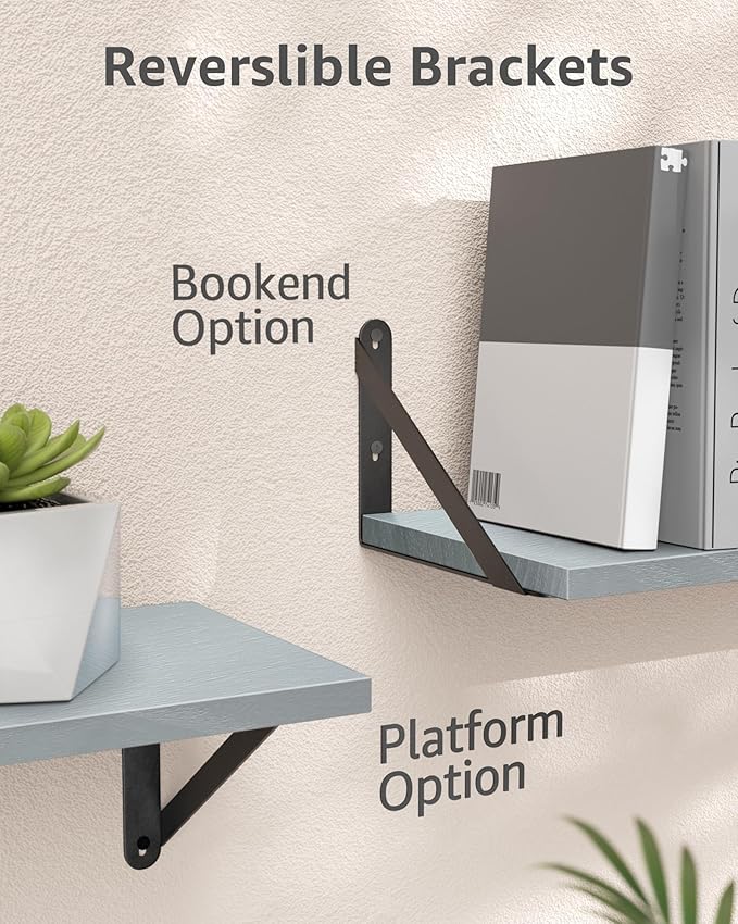 Wall Shelves 7.3" Deep Set of 2, Solid Paulownia Wood Wider Longer Sturdy Easy to Install Wall Mounted Bookshelves Storage Shelves Bathroom Home Office Laundry Room Bedroom Organizer Gray