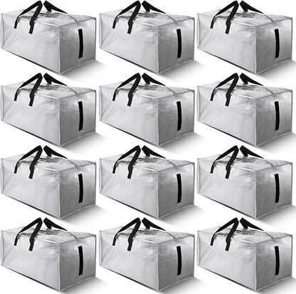 12 Pack Large Strong Moving Bags with Zippers & Carrying Handles - Water-Resistant - Heavy Duty Storage Tote for Space Saving Moving Storage, Fold Flat, Alternative to Moving Box (Silver)