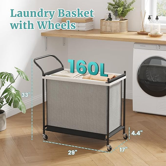 Laundry Hamper with Wheels - 2 Section Laundry Basket 160L, Removable Washable Bags, Height-Fitted Rolling Laundry Cart for Laundry Room & Bedroom