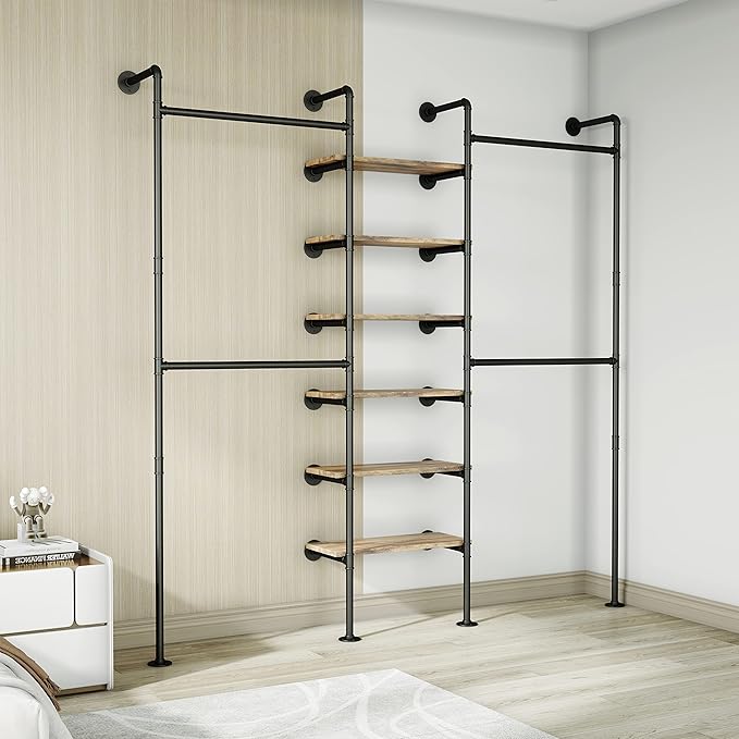 Industrial Pipe Clothes Rack, DÉCOR Wall Mounted Clothing Rack, for Walk-in Wardrobe Multi-Purpose Storage Clothes Hanging Shelf, 2 Installation Methods